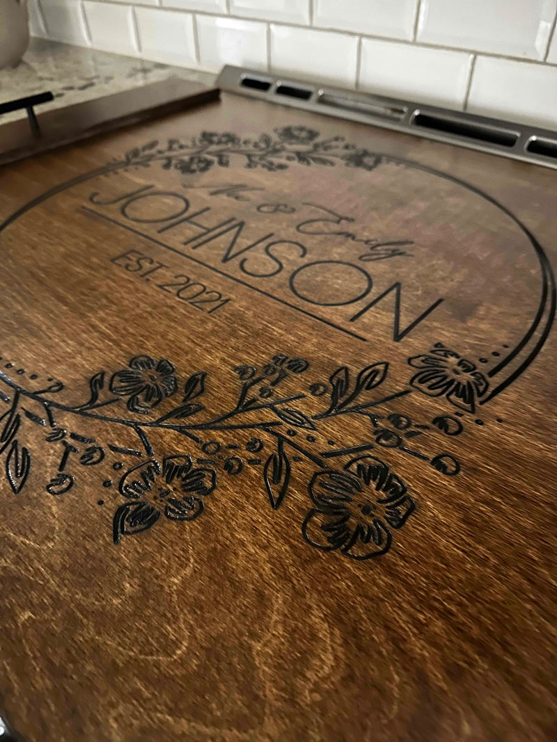 Personalized wedding/anniversary stove cover, warm brown + dark script