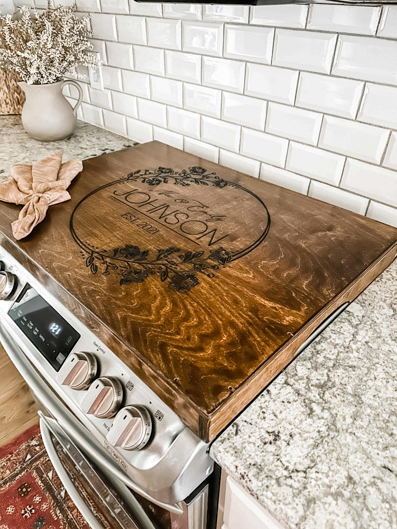 Personalized wedding/anniversary stove cover, warm brown + dark script