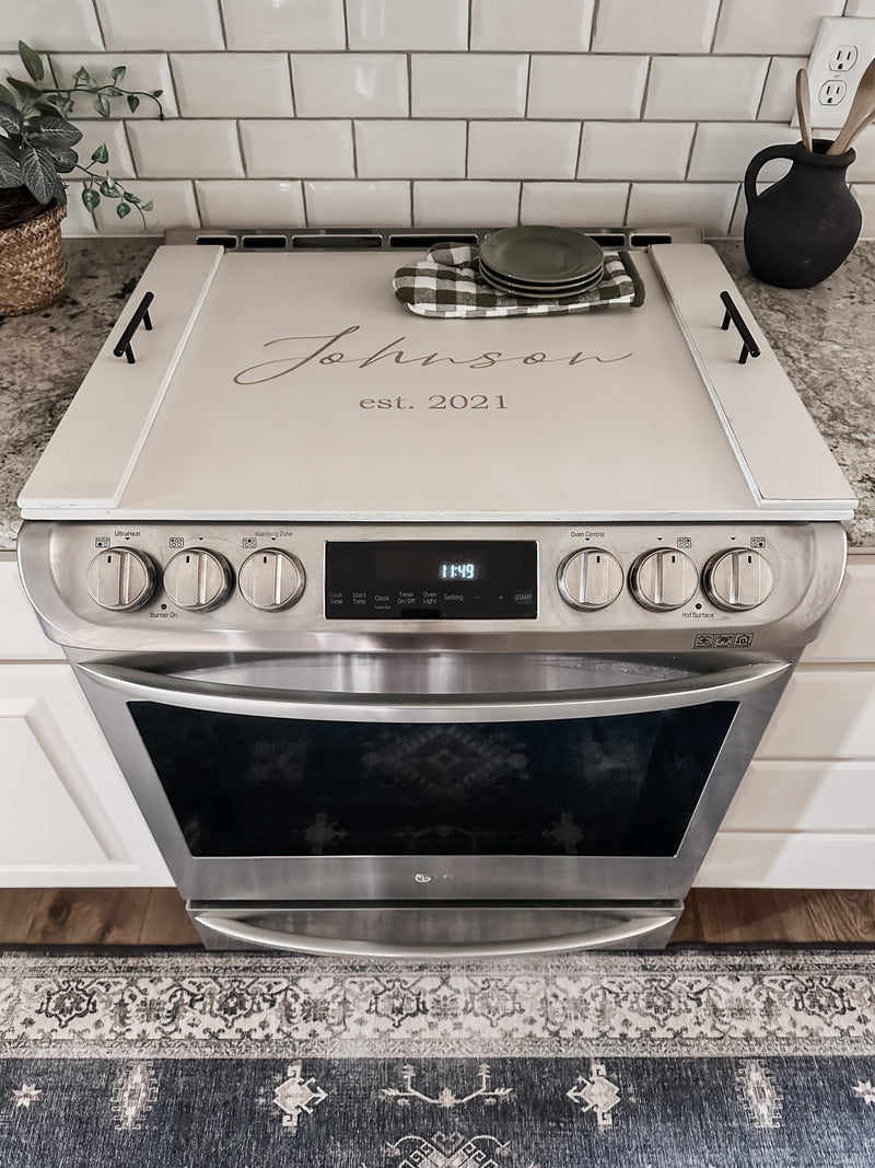 Personalized last name stove cover, ivory distressed "Valencia"