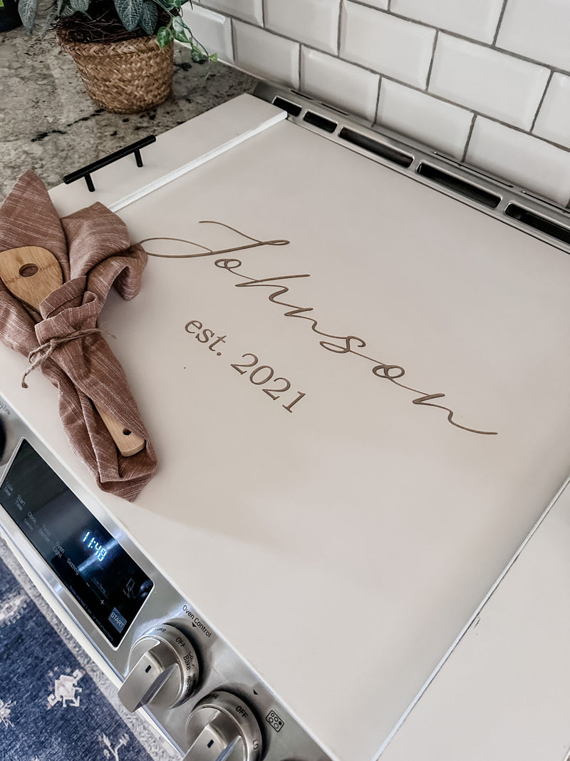 Personalized last name stove cover, ivory distressed "Valencia"