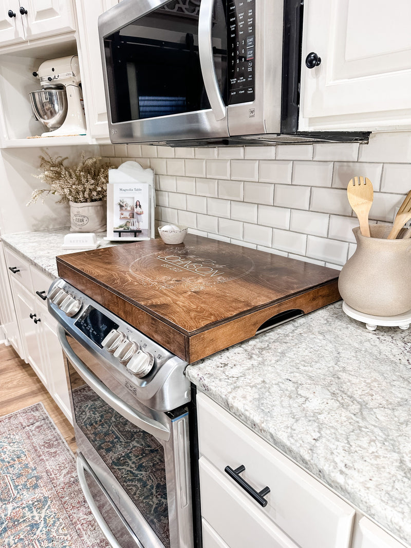 Personalized wedding/anniversary stove cover, warm brown + soft white