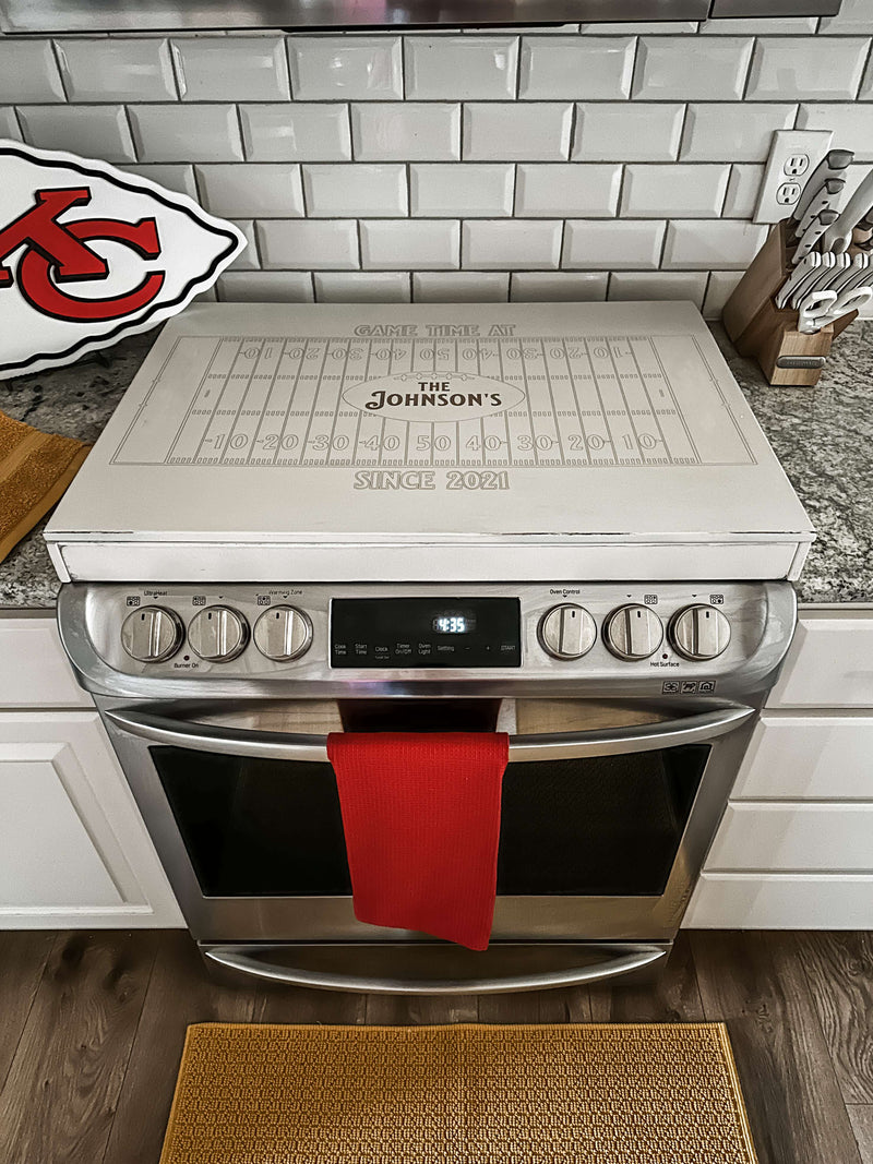 Personalized football "game day" stove cover, ivory distressed