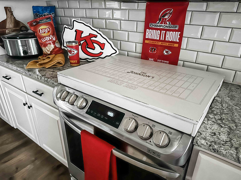 Personalized football "game day" stove cover, ivory distressed