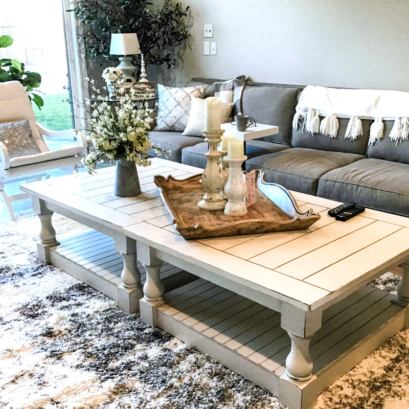 Rustic baluster square farmhouse coffee table all over painted and distressed