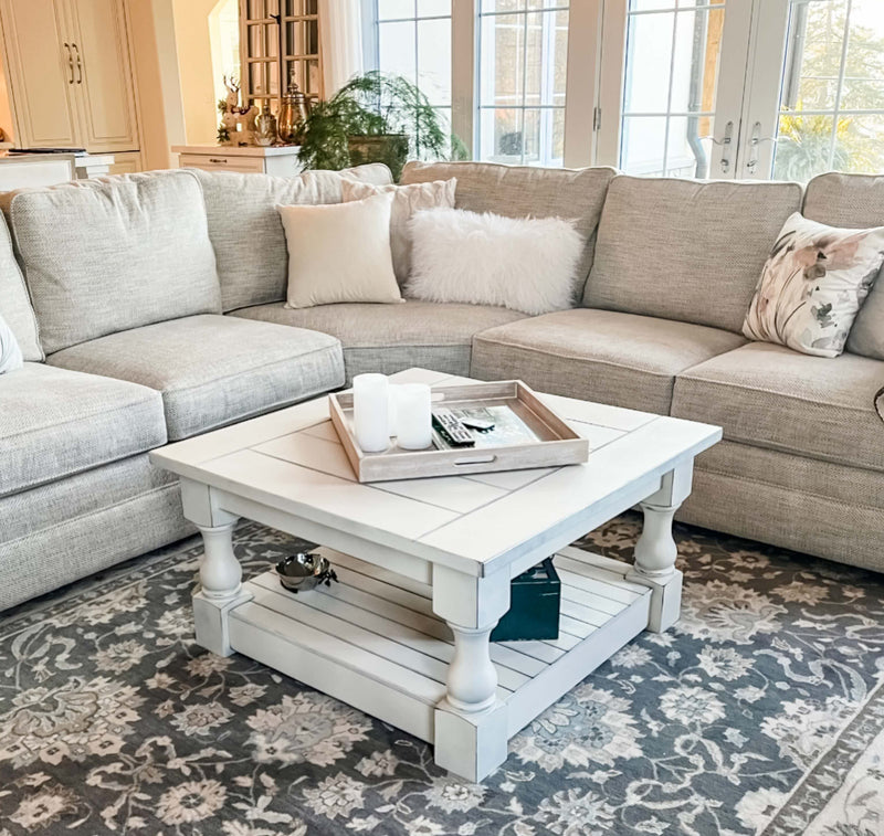 Rustic baluster square farmhouse coffee table all over painted and distressed