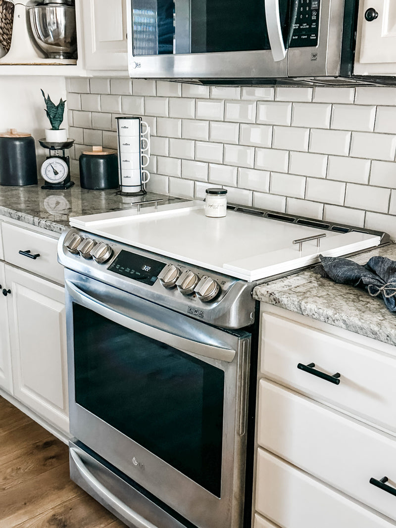 Clean and simple minimalist soft white stove cover