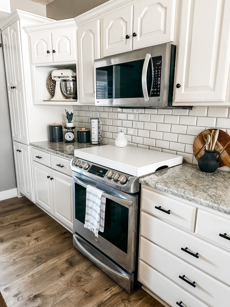 Clean and simple minimalist soft white stove cover