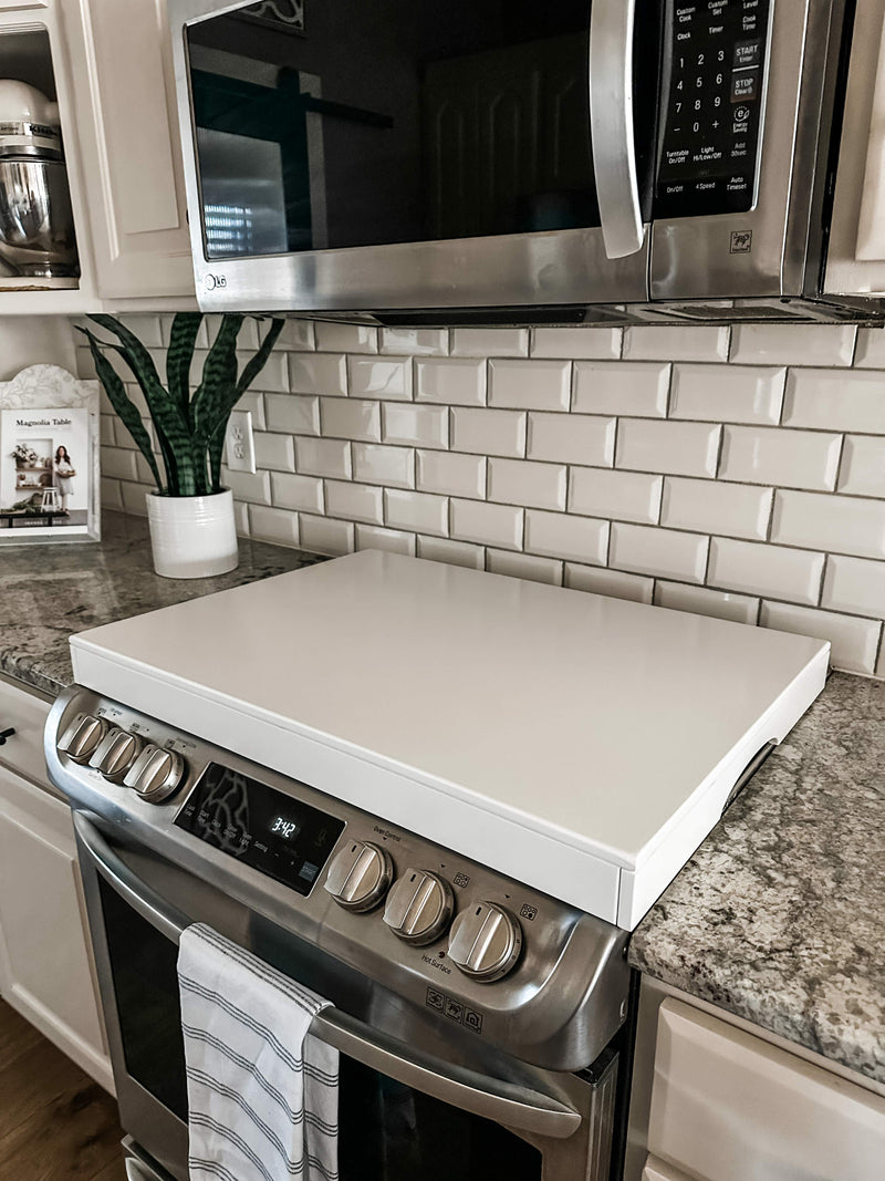 Clean and simple minimalist soft white stove cover