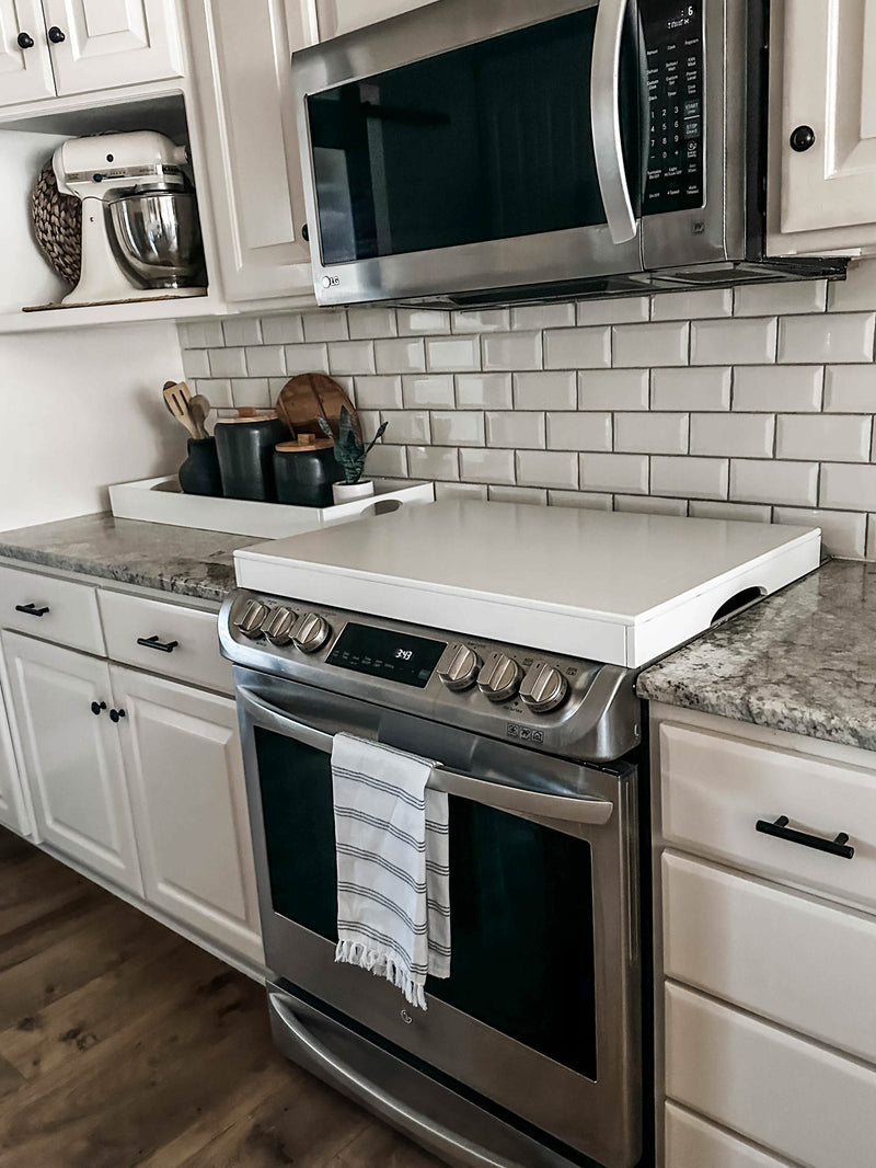 Clean and simple minimalist soft white stove cover