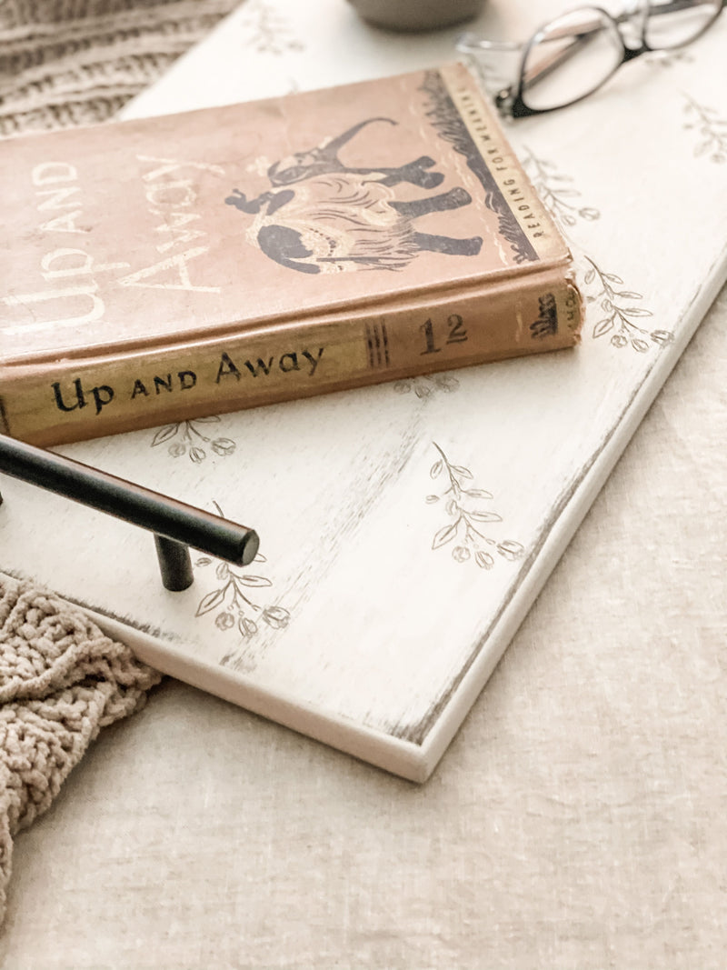 Cottage tray in white distressed finish with floral detail ~