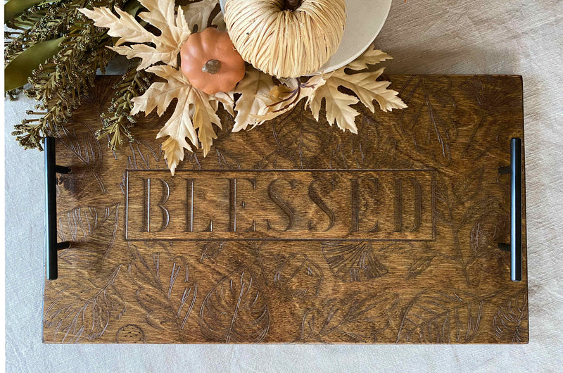 Grateful - thankful - blessed  - warm brown serving tray