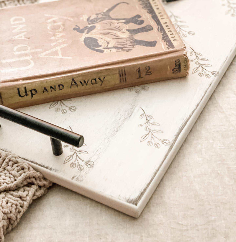 Cottage tray in white distressed finish with floral detail ~