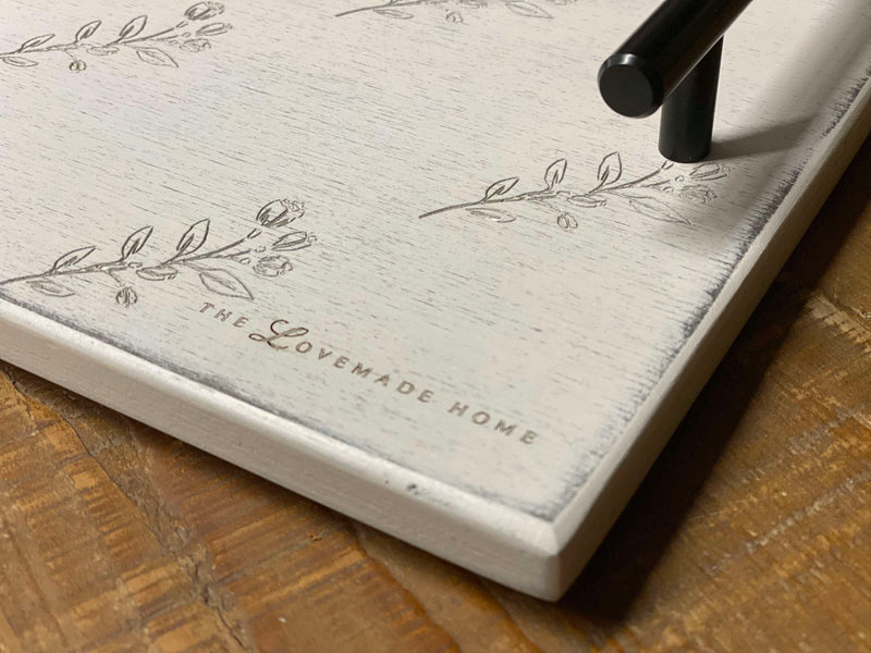 Cottage tray in white distressed finish with floral detail ~