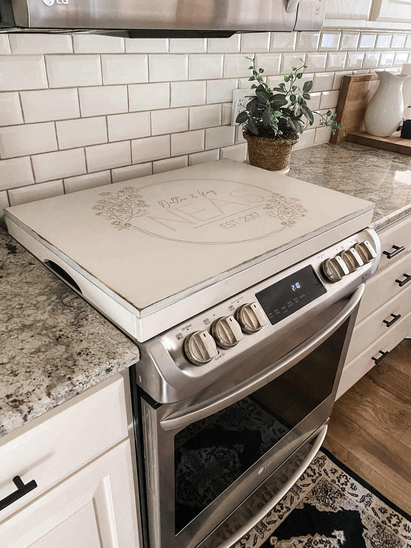 Personalized wedding/anniversary stove cover, ivory distressed
