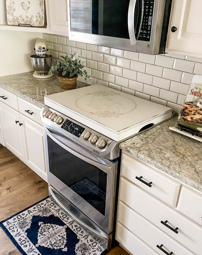 Personalized wedding/anniversary stove cover, ivory distressed