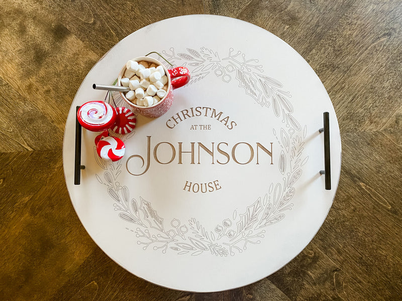Round Christmas ottoman serving tray in white distressed ~ personalized