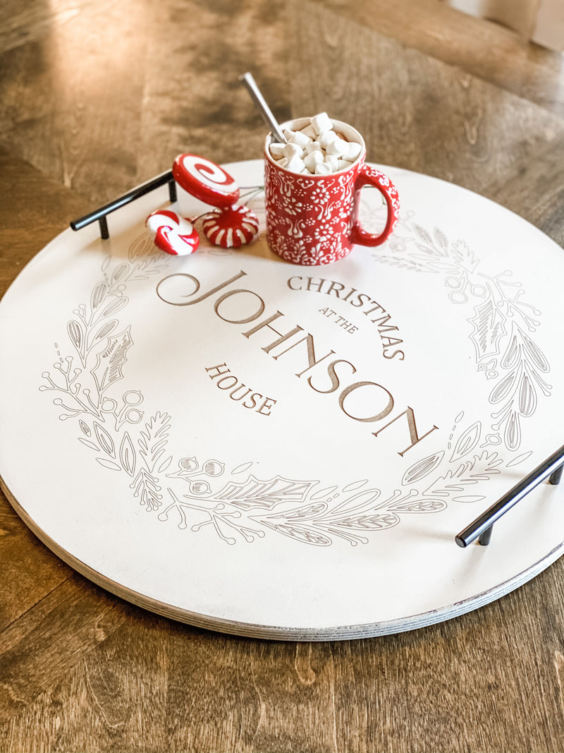 Round Christmas ottoman serving tray in white distressed ~ personalized