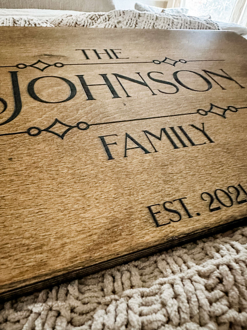 Warm brown personalized family name with est. date serving tray