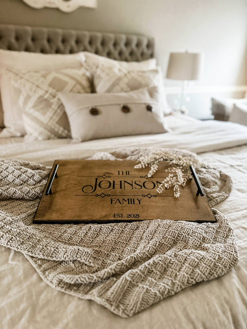 Warm brown personalized family name with est. date serving tray