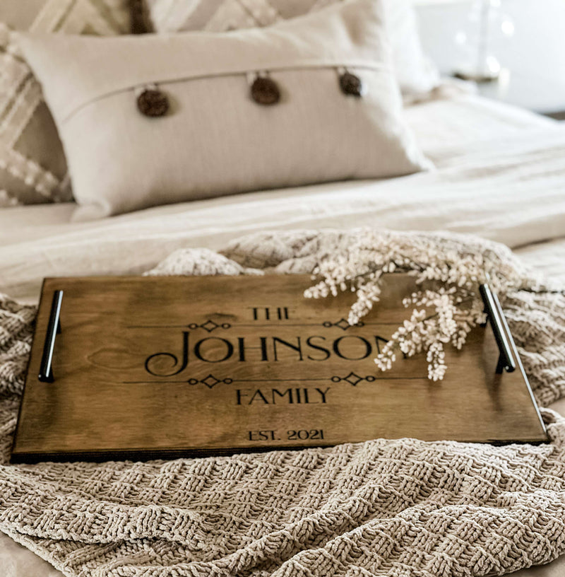 Warm brown personalized family name with est. date serving tray