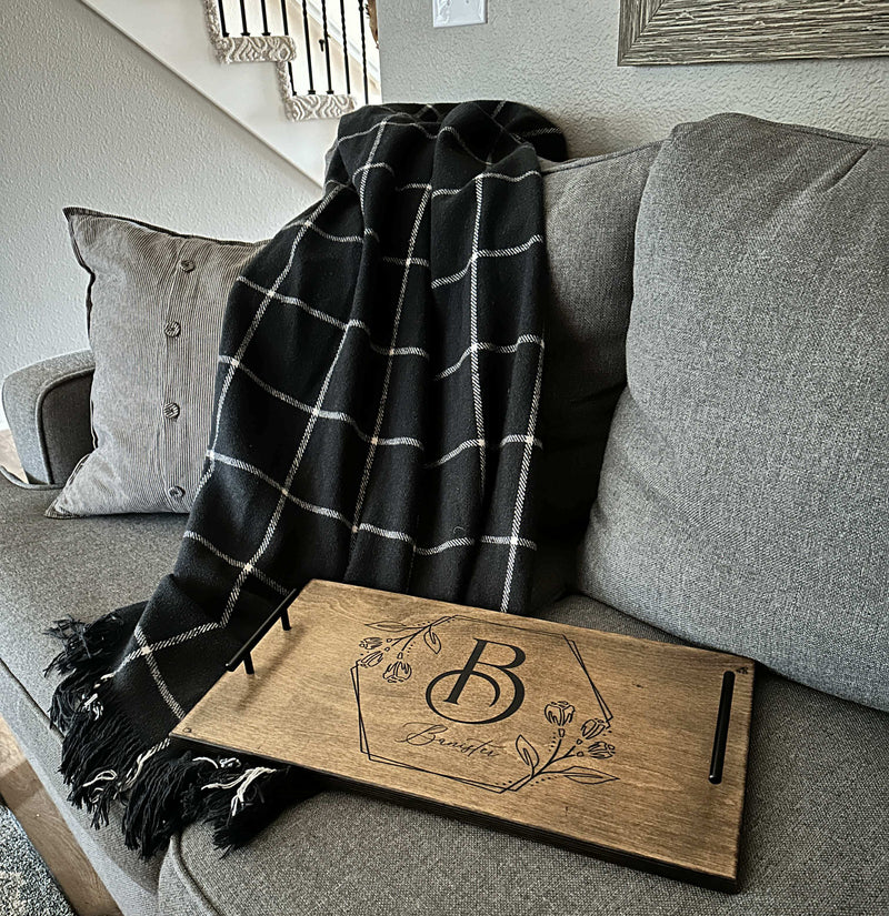 Warm brown personalized initial and last name serving tray