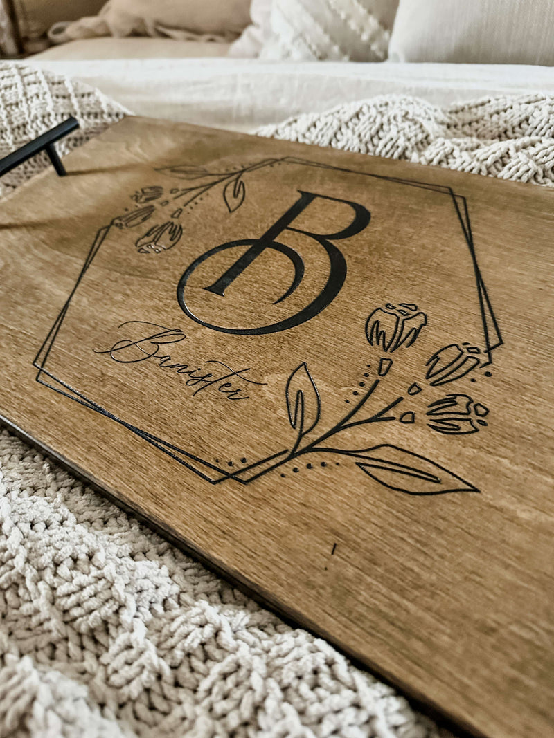 Warm brown personalized initial and last name serving tray