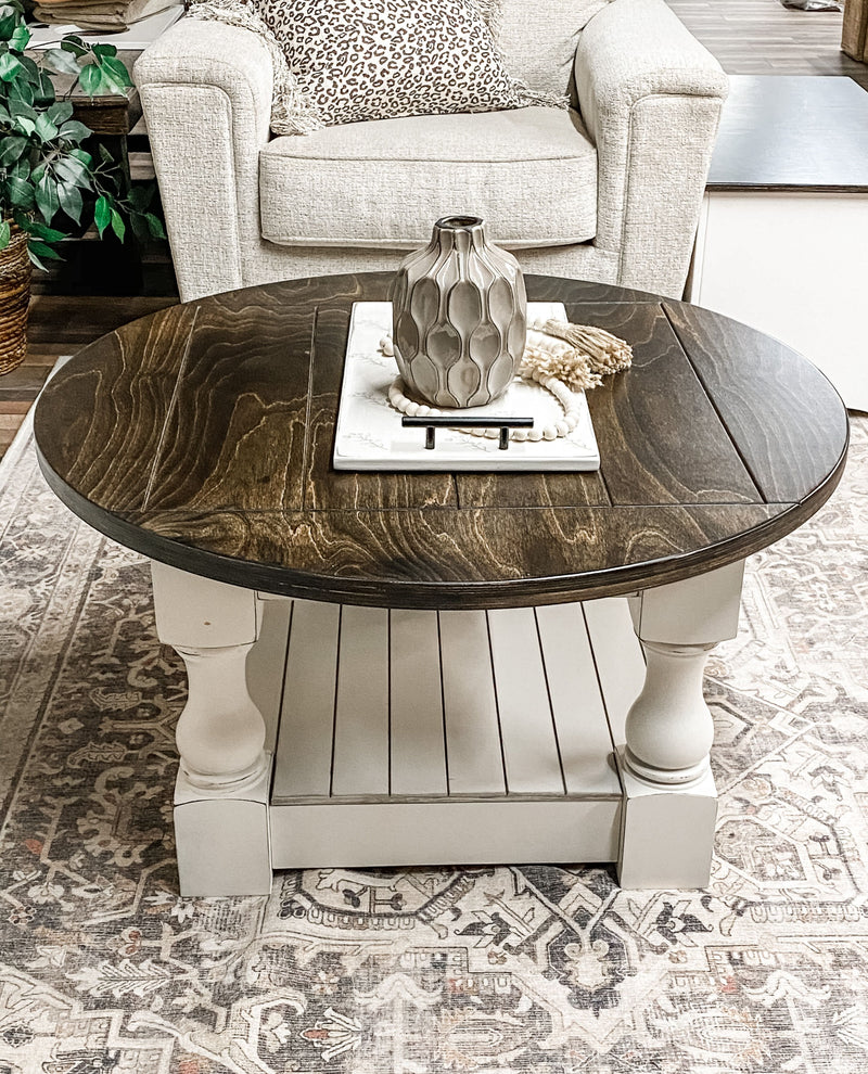 Rustic baluster round farmhouse coffee table distressed with dark brown top
