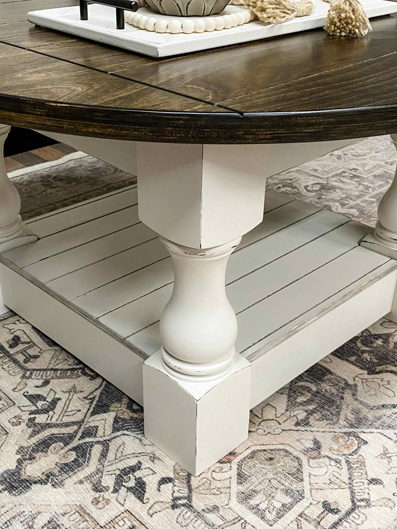 Rustic baluster round farmhouse coffee table distressed with dark brown top