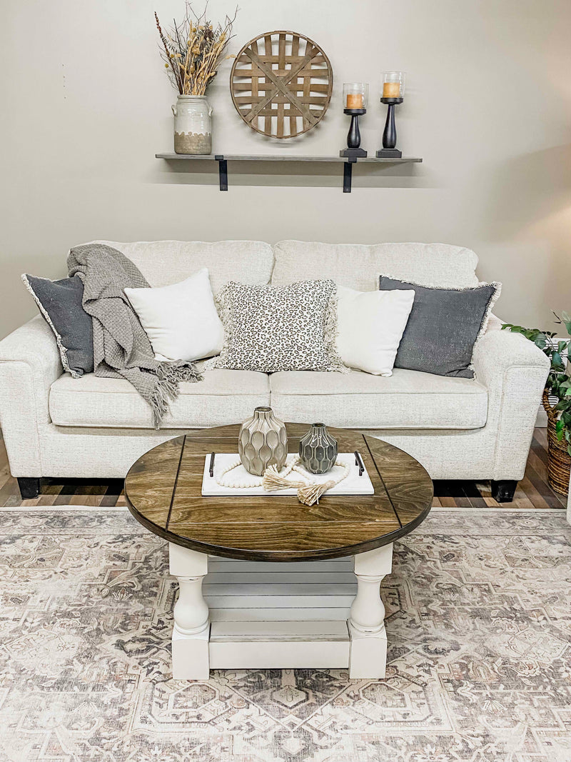 Rustic baluster round farmhouse coffee table distressed with dark brown top