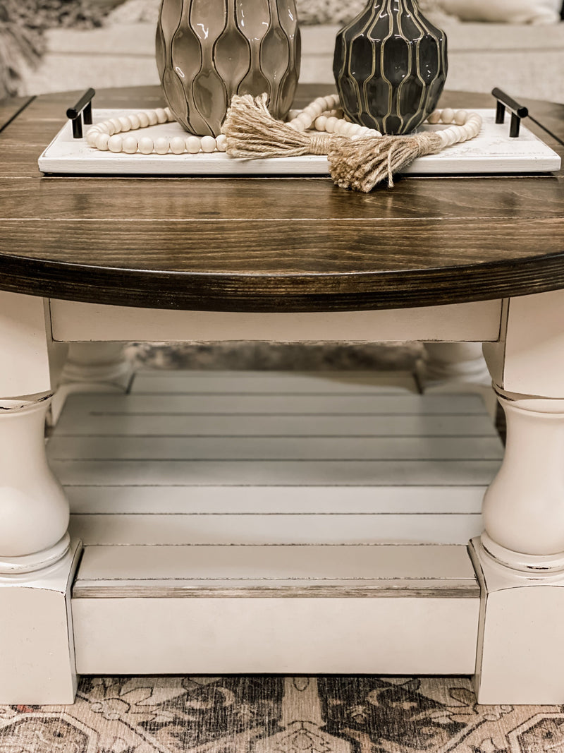 Rustic baluster round farmhouse coffee table distressed with dark brown top