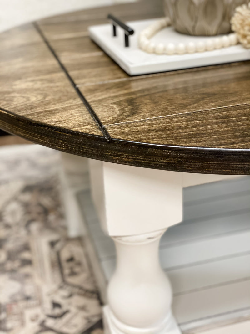 Rustic baluster round farmhouse coffee table distressed with dark brown top
