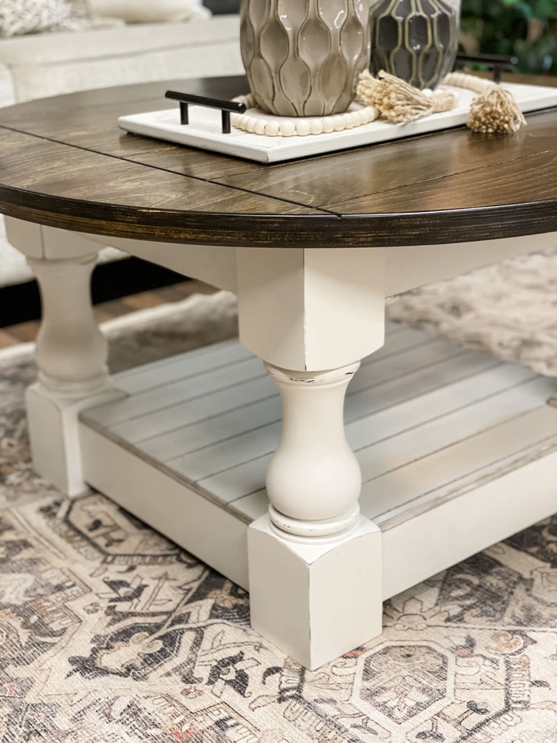 Rustic baluster round farmhouse coffee table distressed with dark brown top