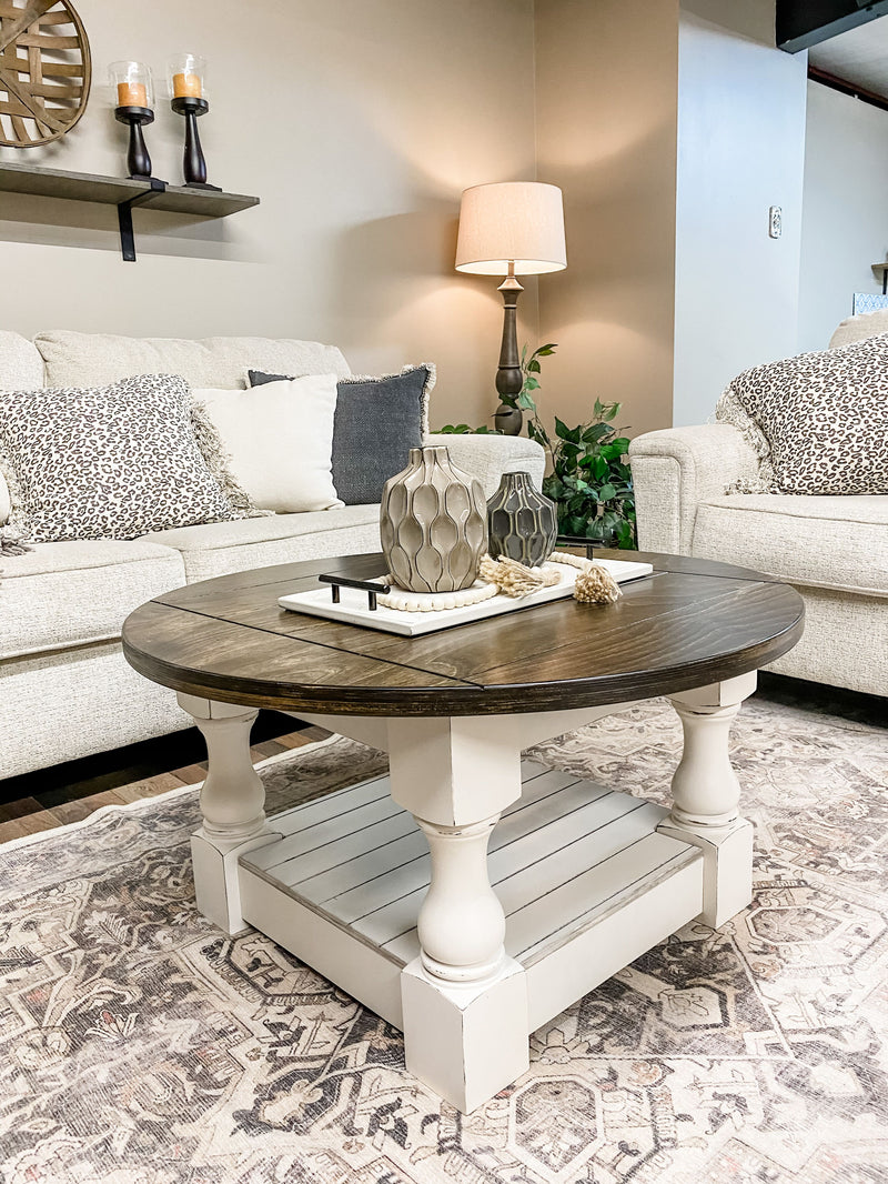 Rustic baluster round farmhouse coffee table distressed with dark brown top