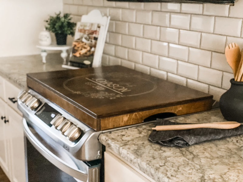 Personalized wedding/anniversary stove cover, warm brown + soft white