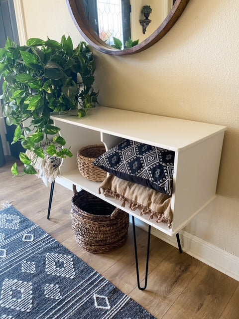 Credenza storage bench in white 18 inch hairpin legs