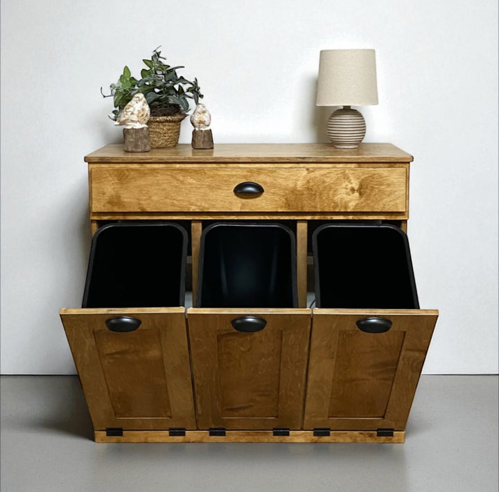 Slim style 3 bin furniture style cabinet for trash