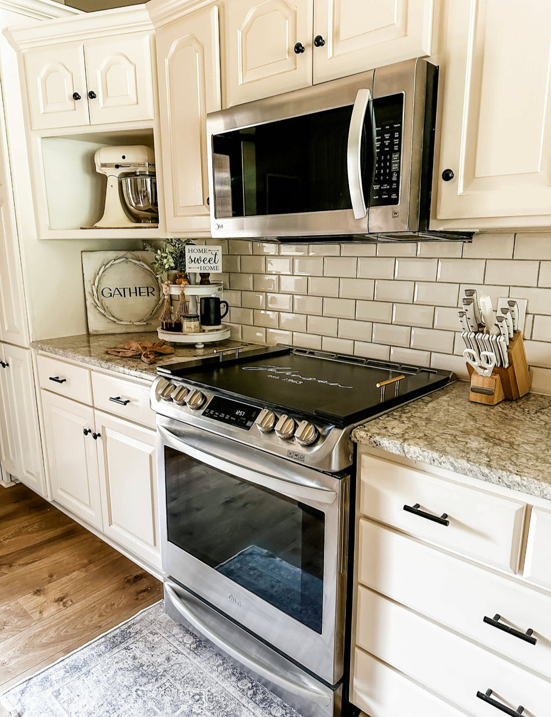 Personalized last name + est. date stove cover, black stain, "Johnson"