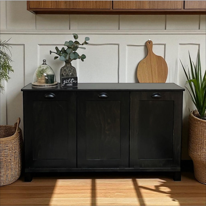 Sleek triple tilt-out trash cabinet in black stain