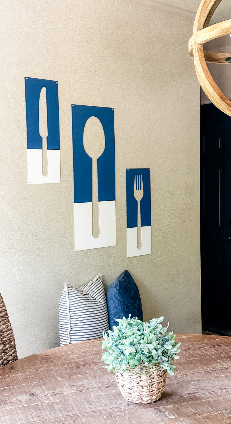 Fork, spoon, and knife set handmade of wood wall decor in blue and white