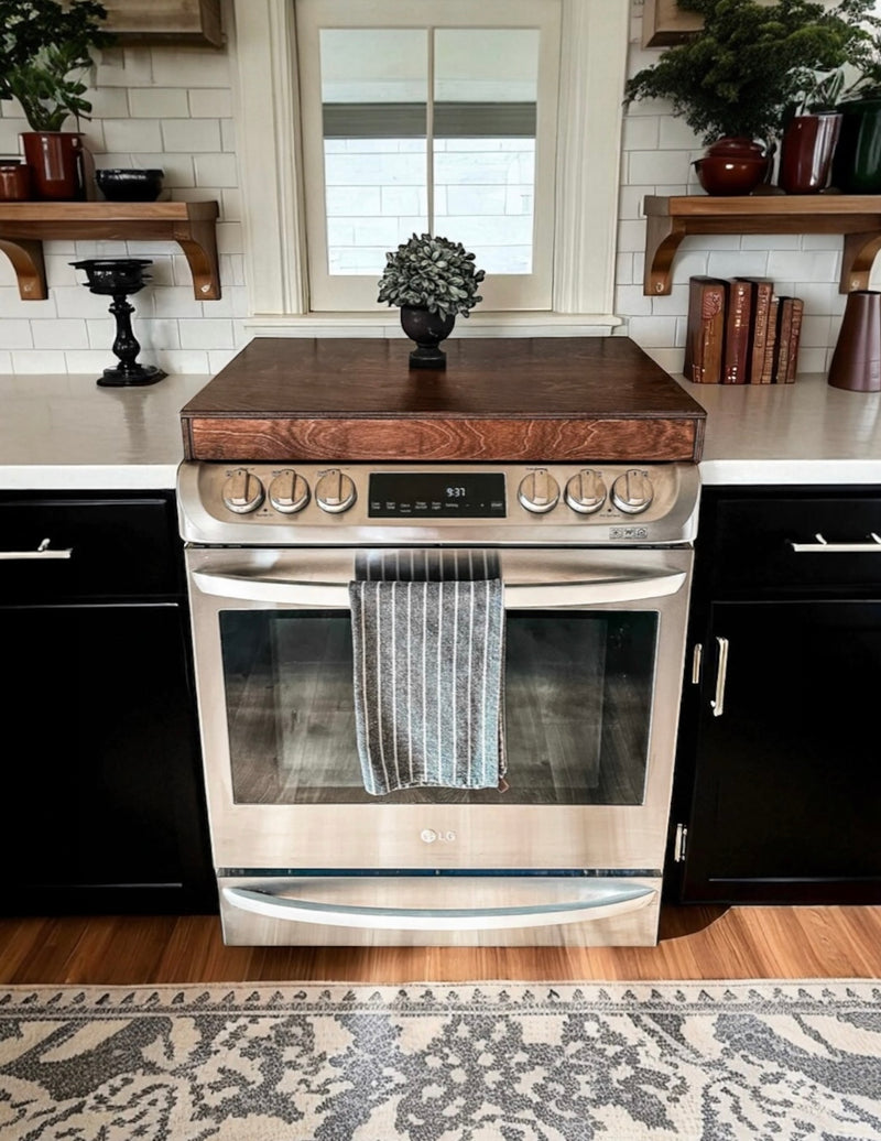 Clean and simple red oak stain color stove cover