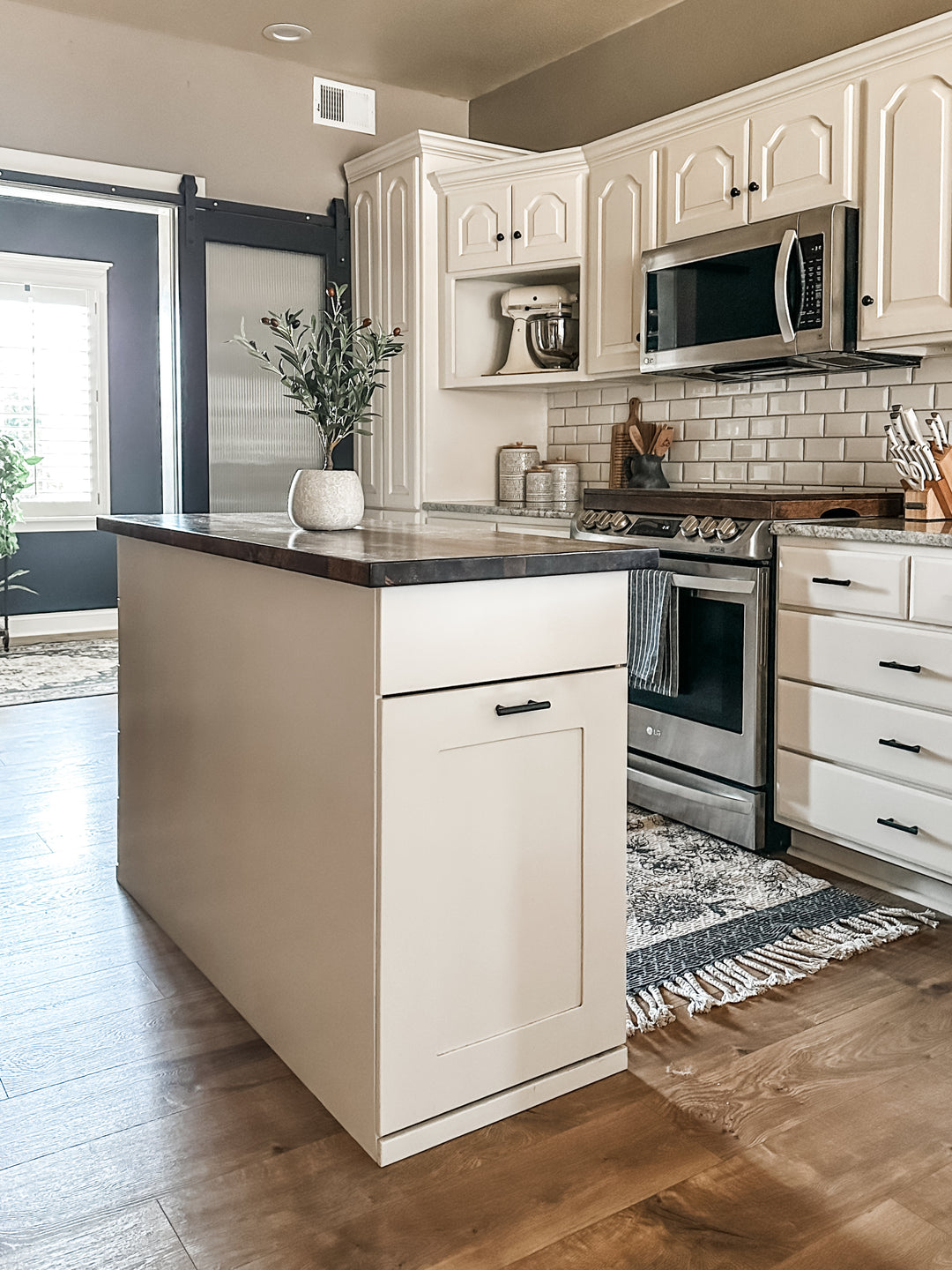 Kitchen Island with Pull-Out Trash Cabinet &amp; Drawers - Butcher Block Top - Handmade