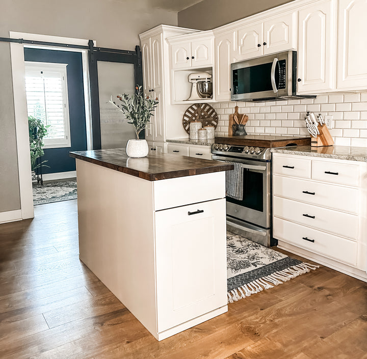 Kitchen Island with Pull-Out Trash Cabinet &amp; Drawers - Butcher Block Top - Handmade