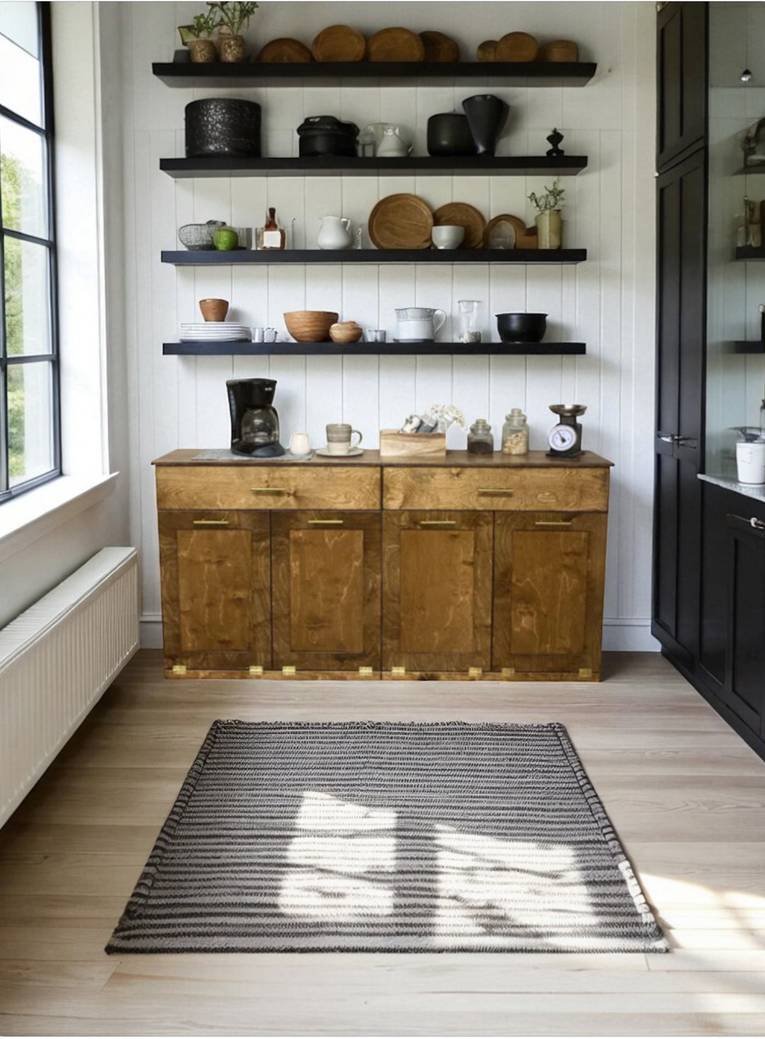 Counter tall quad trash cabinet with a storage drawer in warm brown stain