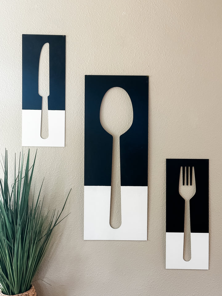 Black &amp; white fork, spoon, and knife wood wall decor set