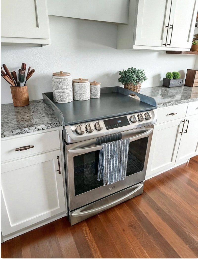 Clean and simple heather gray stove cover with raised edge