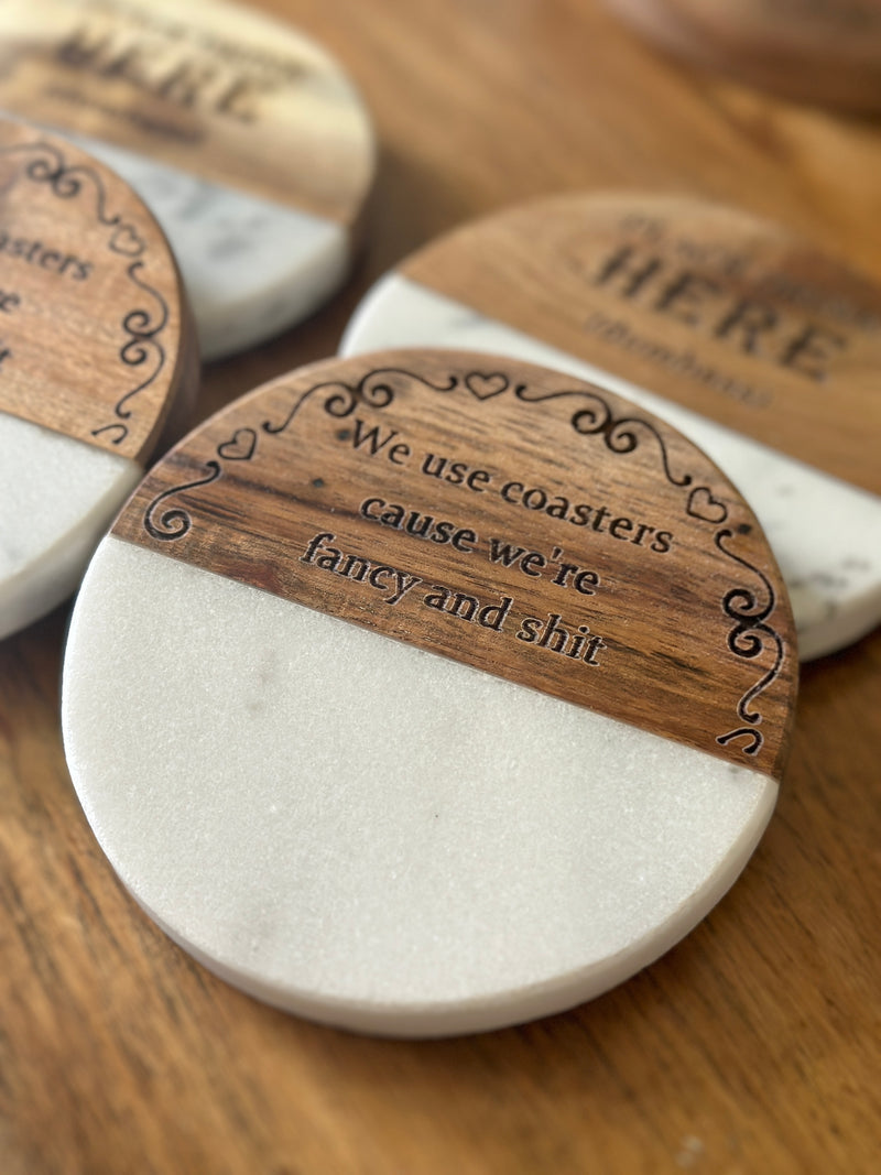 Funny wood and marble coaster set