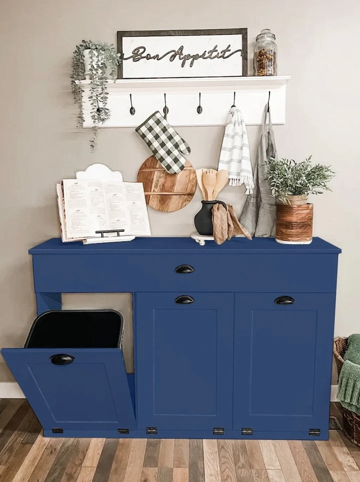 Beautiful triple trash cabinet with a storage drawer in blue