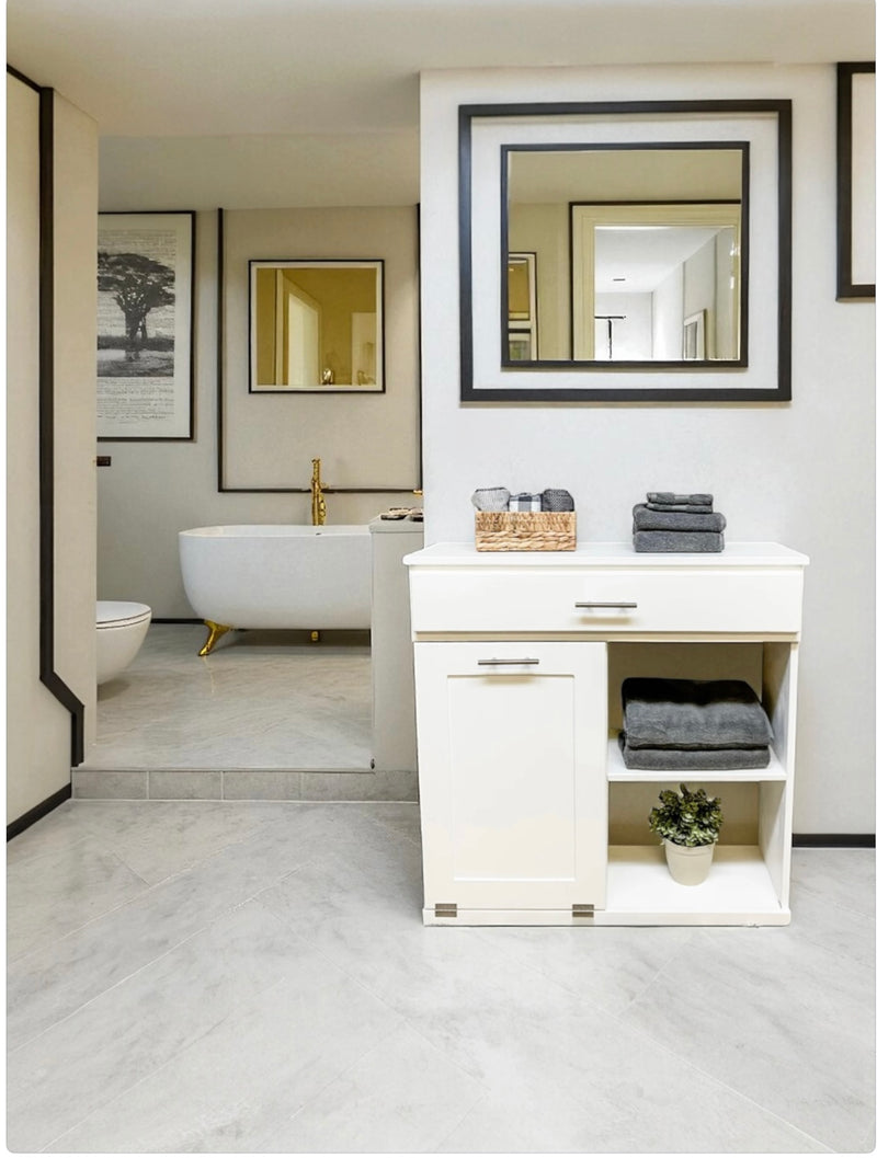 Dashwood laundry with open shelving and drawer in white, farmhouse style doors