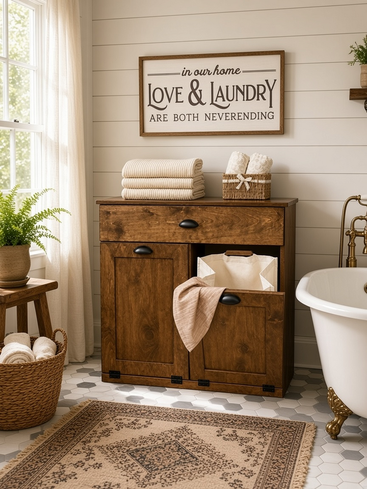 Double laundry hamper with a storage drawer in warm brown stain
