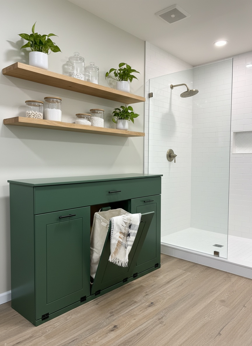 Freestanding Triple laundry with a storage drawer in green